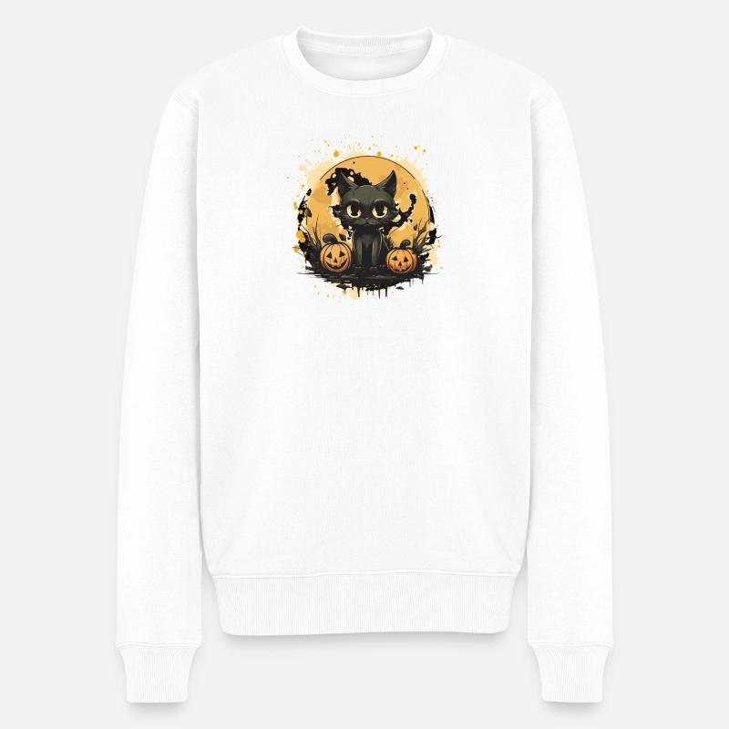 Schwarze Katze Halloween Kürbis-Szene - Männer Premium Bio Pullover - Weiß