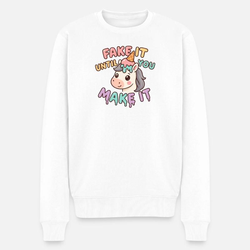 Kawaii Unicorn Motivational Funny – Fake it until yo - Männer Premium Bio Pullover - Weiß