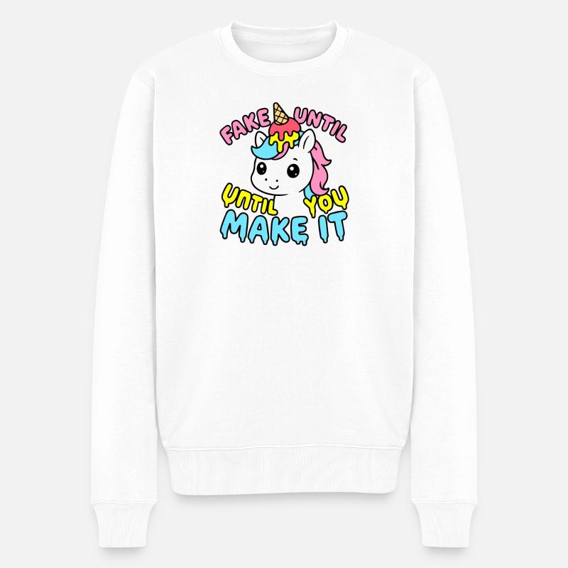 Süßes Kawaii Einhorn – Fake It Until You Make It - Männer Premium Bio Pullover - Weiß