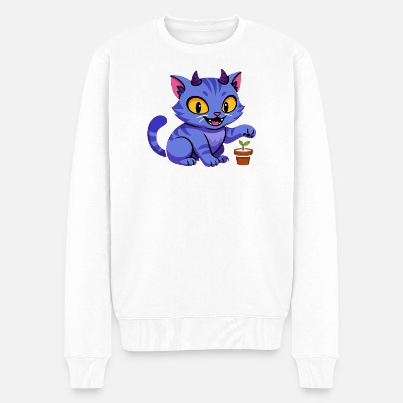 Blauer Katzenkobold mit Pflanze - Männer Premium Bio Pullover - Weiß
