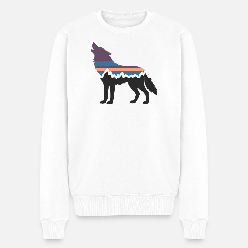 Wolf Hund Berg Landschaft Wald Wandern Silhouette - Männer Premium Bio Pullover - Weiß
