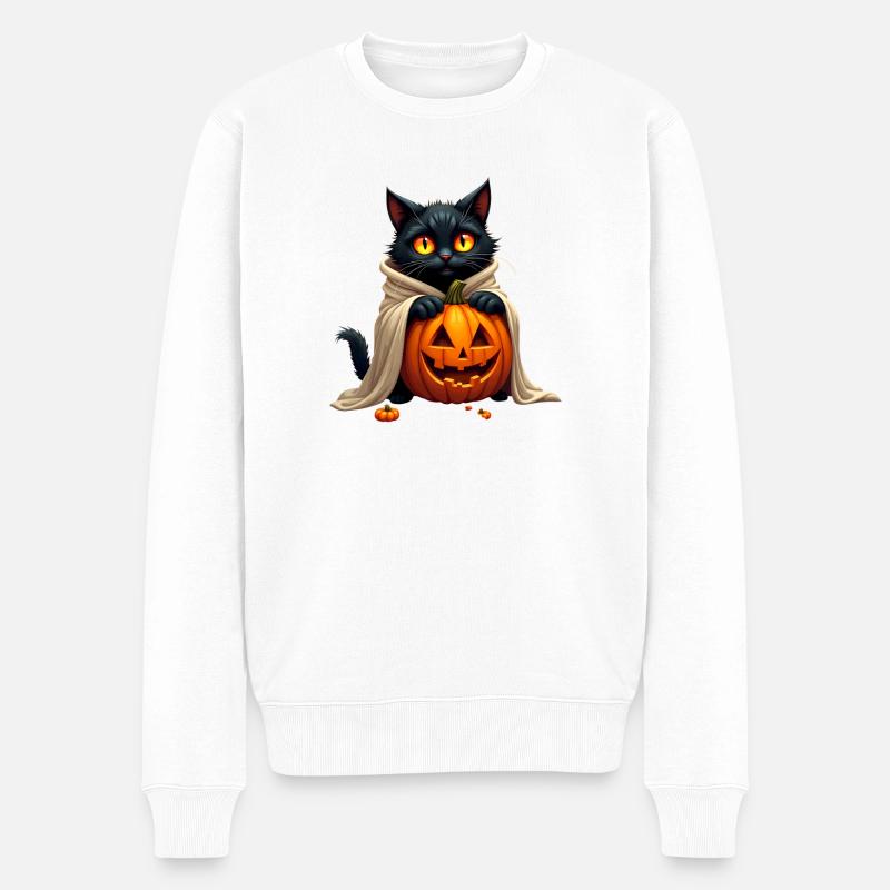 Halloween Cat with Halloween Pumpkin - Männer Premium Bio Pullover - Weiß