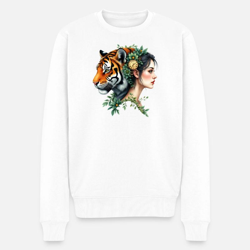 Florale Tigerfrau mit Uhr - Männer Premium Bio Pullover - Weiß