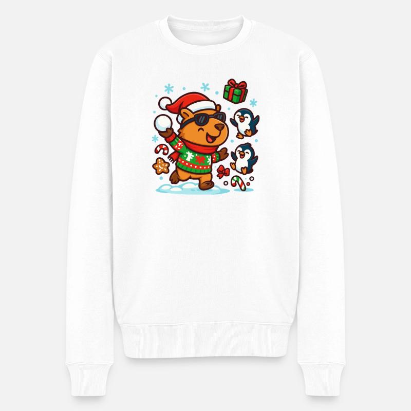 Capybara heureux avec des pingouins – Drôle - Pull Premium bio Homme - blanc