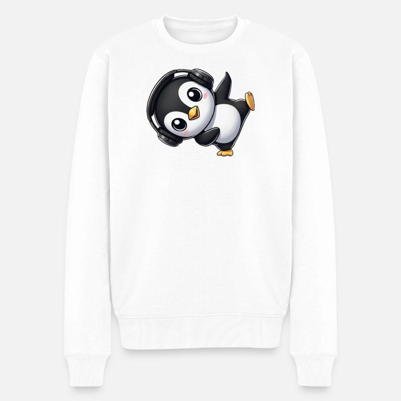Lustiger Pinguin tanzt Breakdance mit Kopfhörer - Männer Premium Bio Pullover - Weiß
