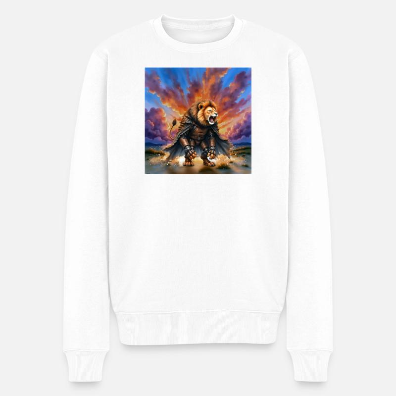 Löwenkrieger mit Rüstung und Umhang - Männer Premium Bio Pullover - Weiß