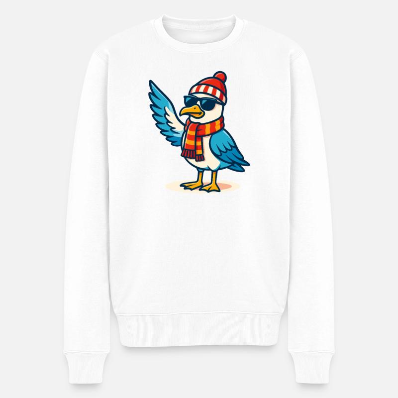 Coole Möwe mit Sonnenbrille & Mütze - Männer Premium Bio Pullover - Weiß