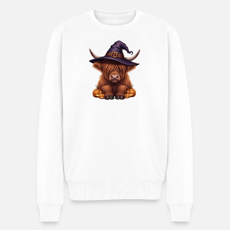 Halloween Hochlandrind mit Hexenhut - Männer Premium Bio Pullover - Weiß