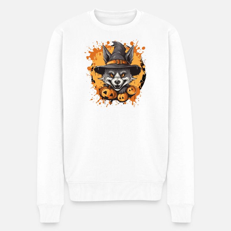 Halloween Wolf mit Hexenhut - Männer Premium Bio Pullover - Weiß