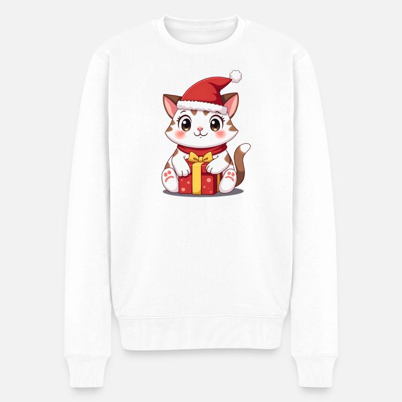 Süße Katze Weihnachten mit Präsent - Männer Premium Bio Pullover - Weiß