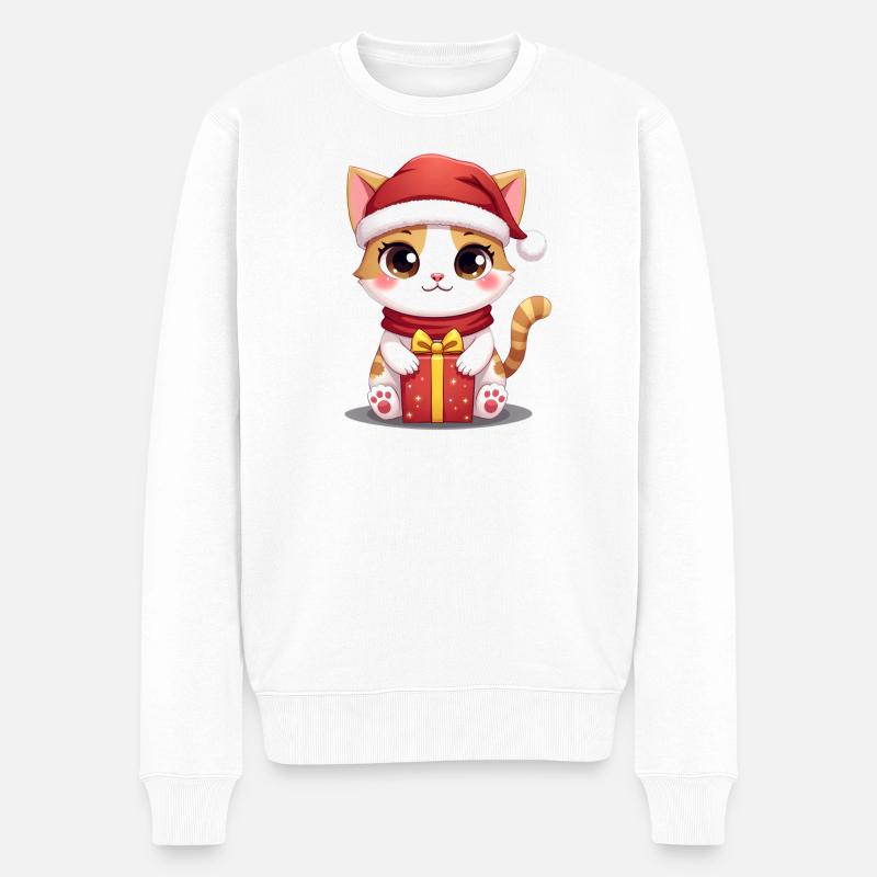Chat mignon Noël avec cadeau - Pull Premium bio Homme - blanc