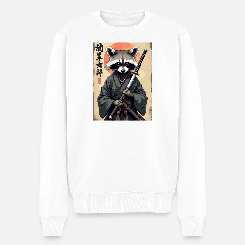 Waschbär Samurai im Kimono - Männer Premium Bio Pullover - Weiß