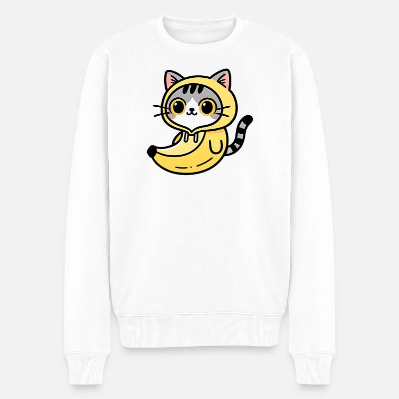 Kawaii Katze im bananengelben Kapuzenpullover - Männer Premium Bio Pullover - Weiß