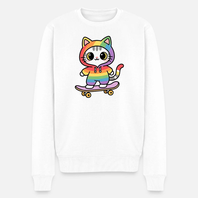 Regenbogenkatze auf Skateboard - Männer Premium Bio Pullover - Weiß