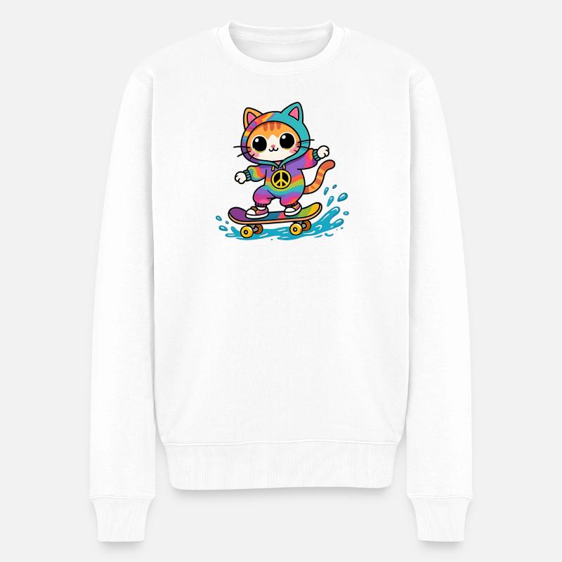 Mehrfarbiges Katzen-Skateboard - Männer Premium Bio Pullover - Weiß