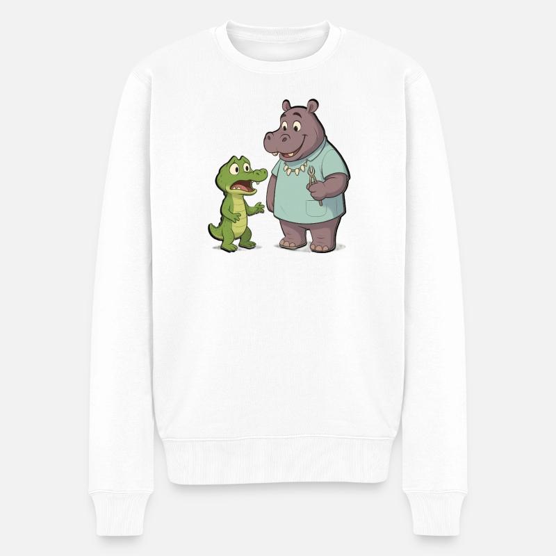 Nilpferd-Zahnarzt und Krokodil-Abenteuer - Männer Premium Bio Pullover - Weiß