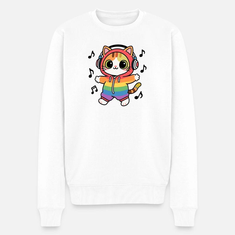 Regenbogenkatze DJ Hoodie Musiknotizen - Männer Premium Bio Pullover - Weiß