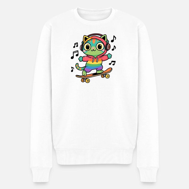 Regenbogenkatze auf Skateboard - Männer Premium Bio Pullover - Weiß