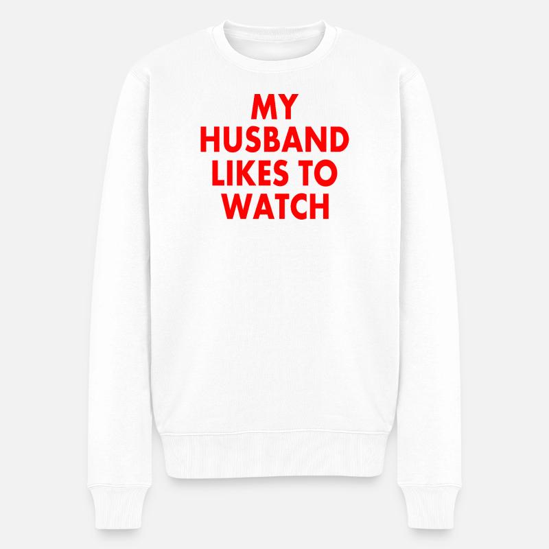 my husband likes to watch - Männer Premium Bio Pullover - Weiß