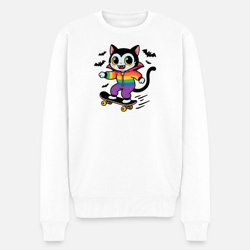 Regenbogen Vampir Katze Skateboarden - Männer Premium Bio Pullover - Weiß