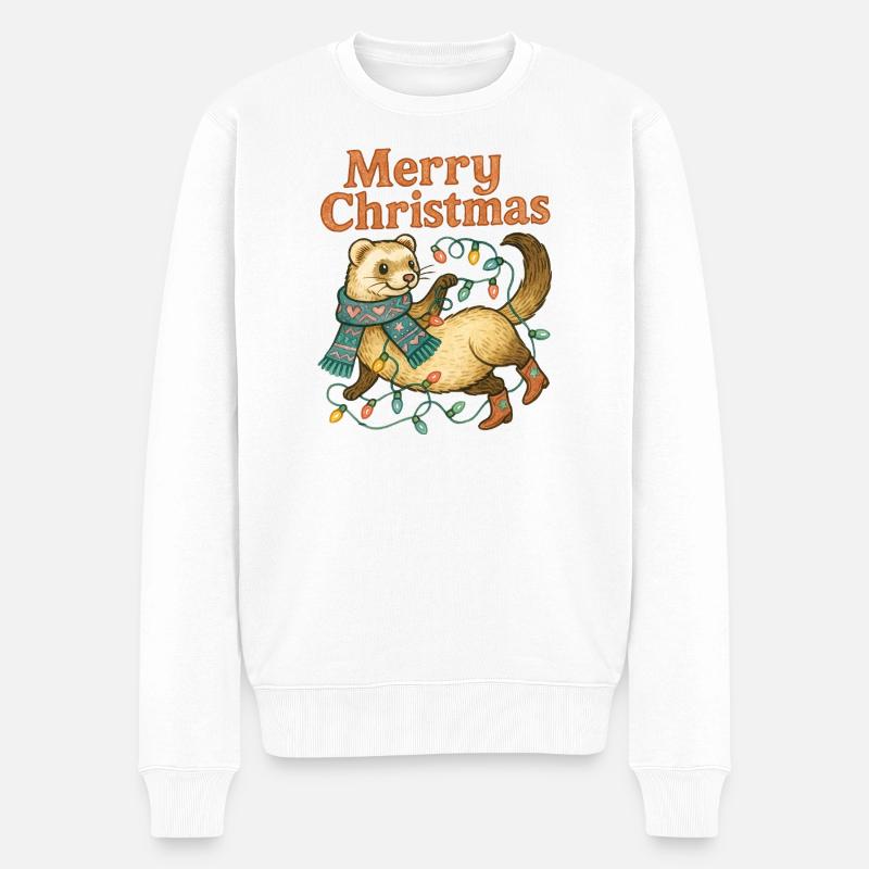 Frohes Frettchen mit Weihnachtsbeleuchtung - Männer Premium Bio Pullover - Weiß