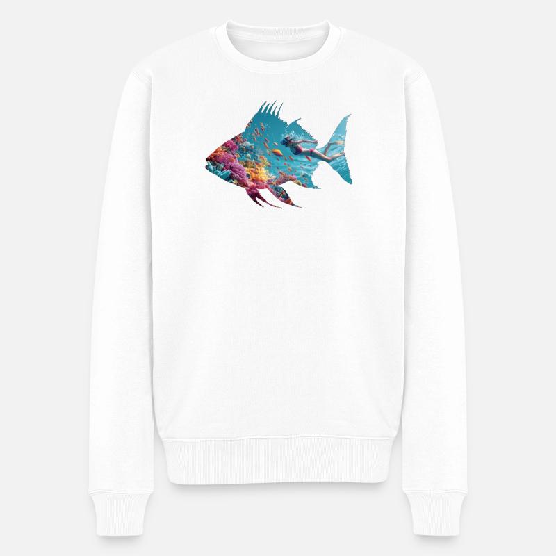 Silhouette de poisson sous-marin avec plongeur - Pull Premium bio Homme - blanc