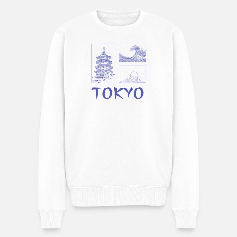 Tokio Trio Pagode Welle Fuji - Männer Premium Bio Pullover - Weiß