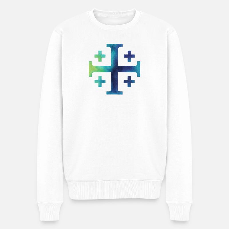Kairos Kreuz (Jerusalemkreuz) – Tiefsee - Männer Premium Bio Pullover - Weiß