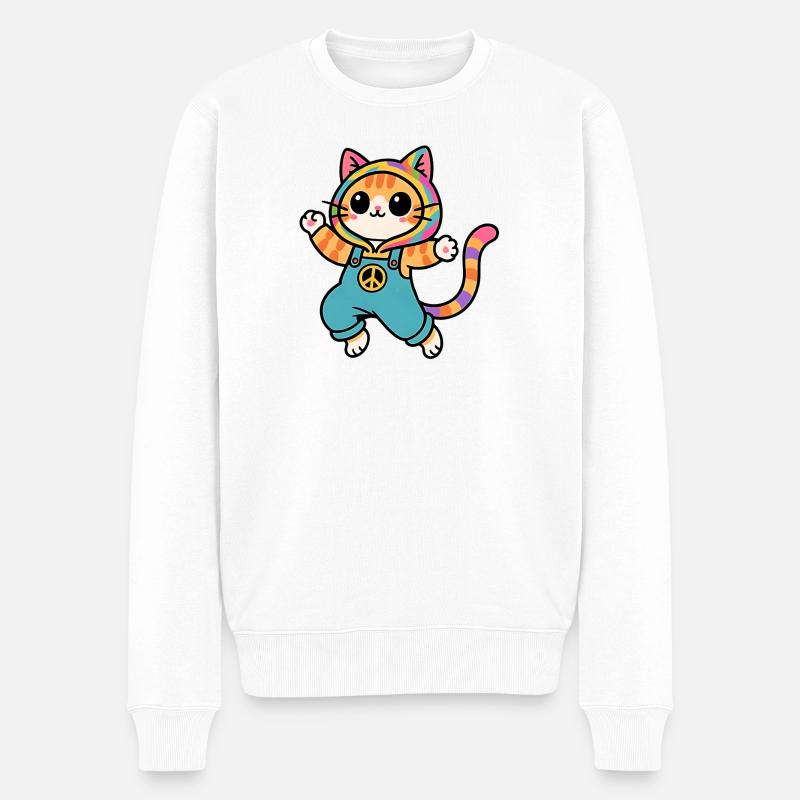 Regenbogenkatze Frieden und Liebe - Männer Premium Bio Pullover - Weiß