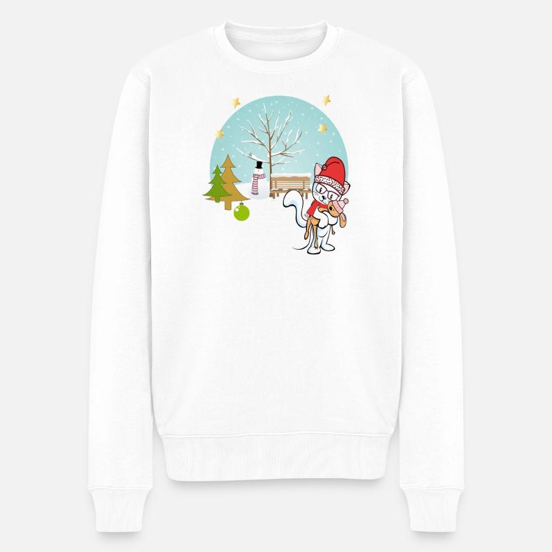  Katze mit Teddy im Winter - Männer Premium Bio Pullover - Weiß