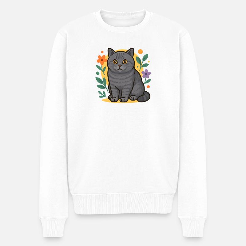 Britisch Kurzhaarkatze im Blumenkreis - Männer Premium Bio Pullover - Weiß