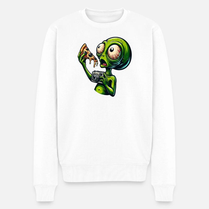 Alien mit Pizza und Kamera - Männer Premium Bio Pullover - Weiß