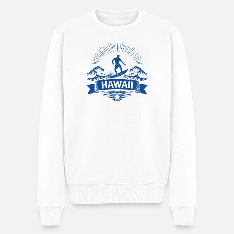 Hawaii Surfer Wellenreiter auf Pazifikwelle - Männer Premium Bio Pullover - Weiß