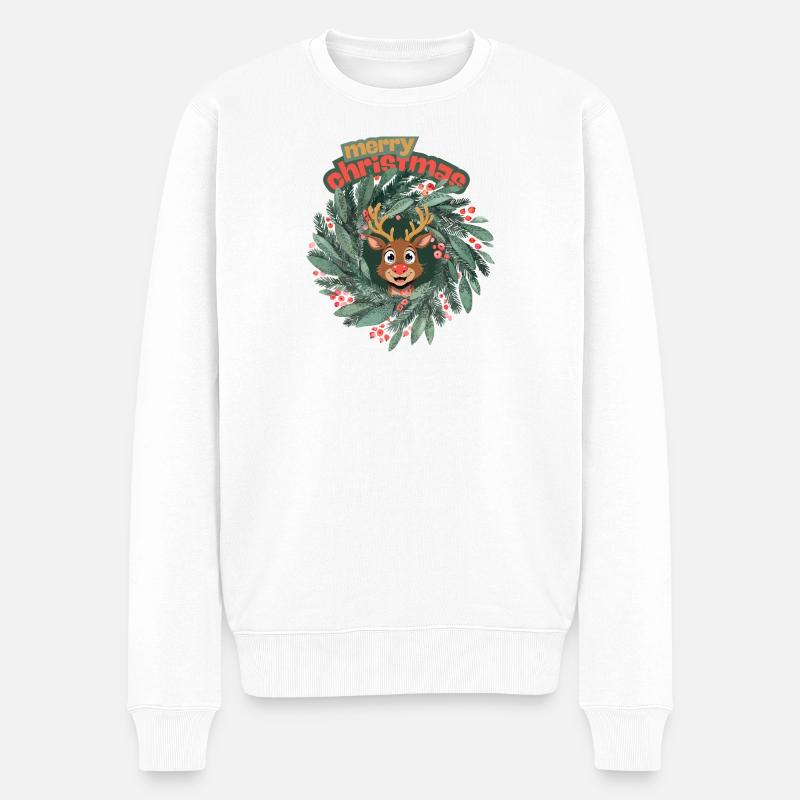 Niedliches Rentier im Weihnachtskranz - Männer Premium Bio Pullover - Weiß