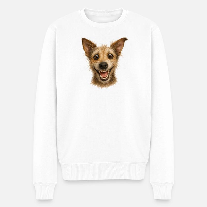 Wahnsinnig fröhlicher Hundekopf - Männer Premium Bio Pullover - Weiß