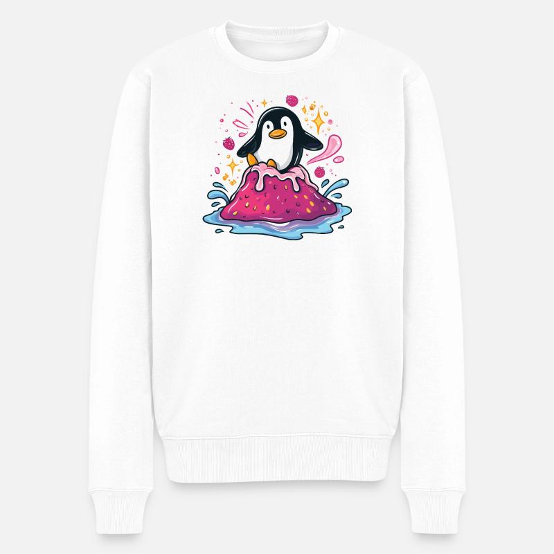 Pinguin auf pinker Marmelade-Welle - Männer Premium Bio Pullover - Weiß