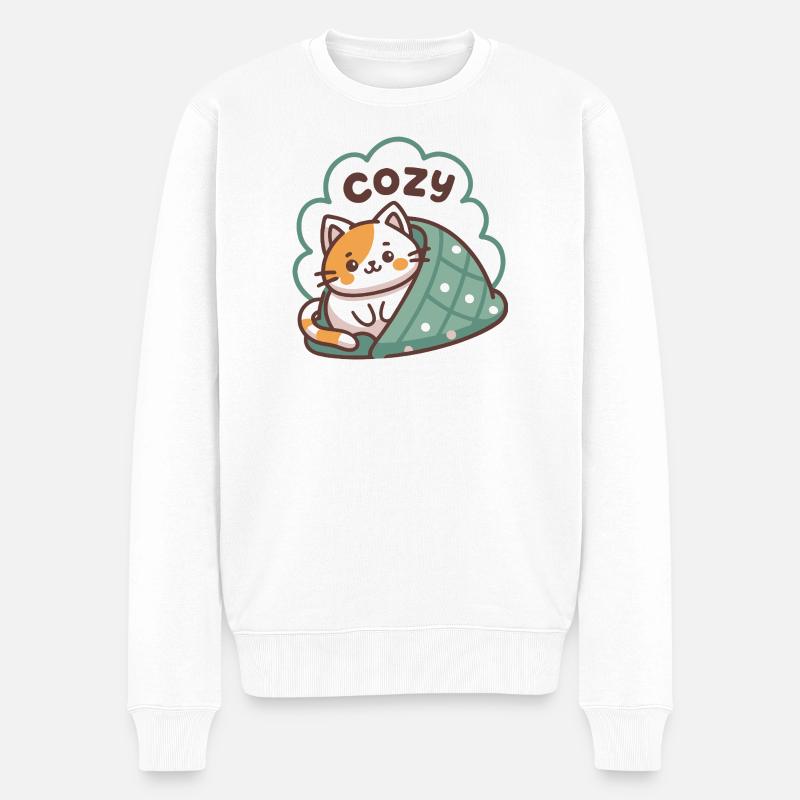 Chat Cozy sous Couette - Pull Premium bio Homme - blanc
