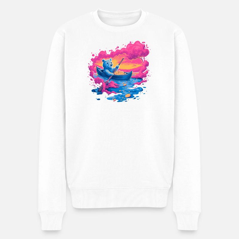 Neonbär im pinken Sonnenuntergangskanu - Männer Premium Bio Pullover - Weiß