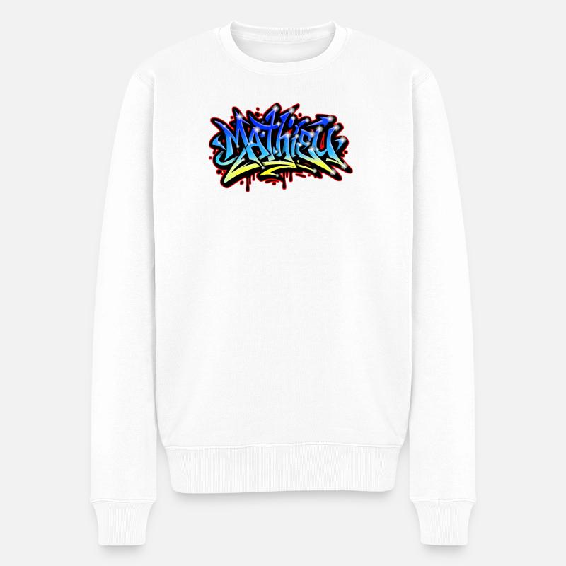 Mathieu Graffiti Druckbar Blau Gelb - Männer Premium Bio Pullover - Weiß