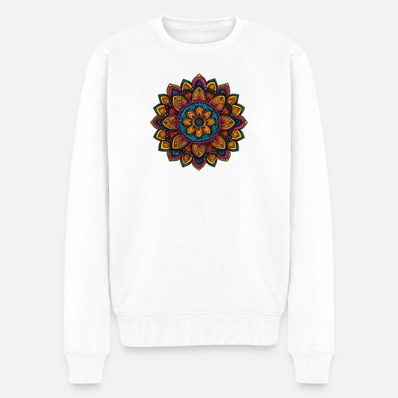 Lebendige Mandala-Blüte mit Tropenfarben - Männer Premium Bio Pullover - Weiß