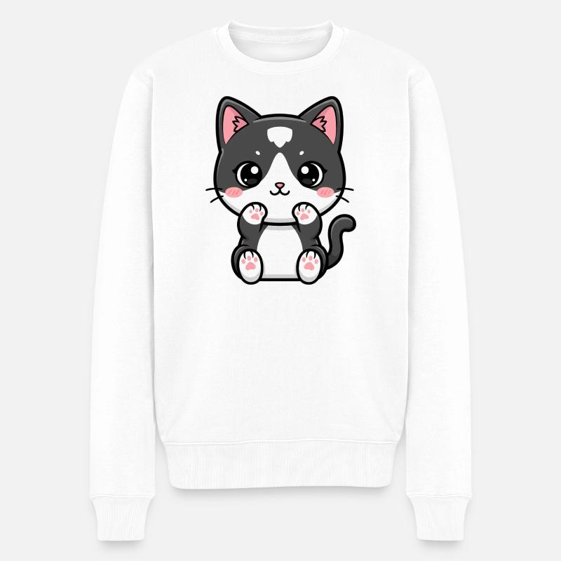 Kawaii-Katze mit errötenden Pfoten - Männer Premium Bio Pullover - Weiß