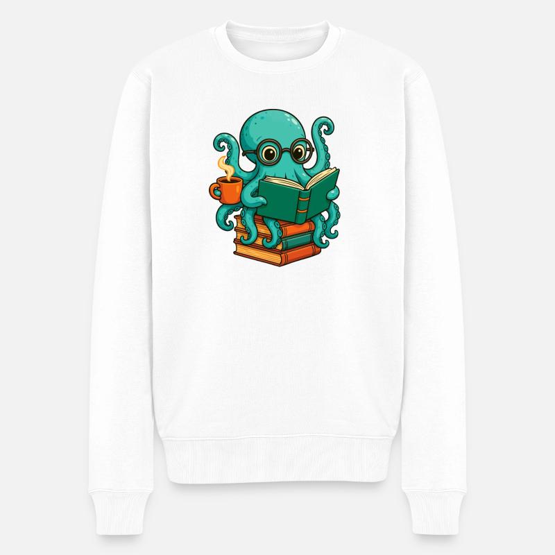 Oktopus liest Buch Lustiger Ozean-Nerd Bücherwurm - Männer Premium Bio Pullover - Weiß