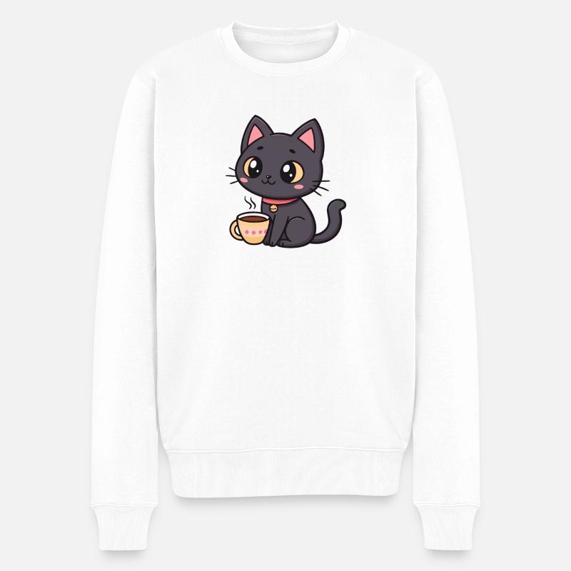 Warme schwarze Katze mit Tee - Männer Premium Bio Pullover - Weiß