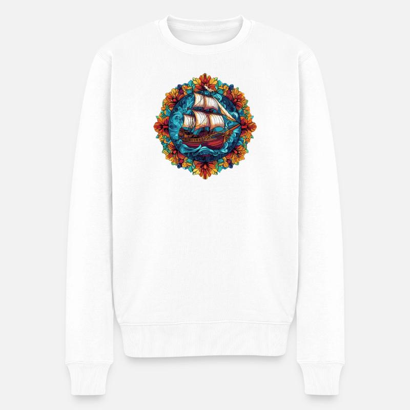 Blumenring Segelschiff Illustration - Männer Premium Bio Pullover - Weiß