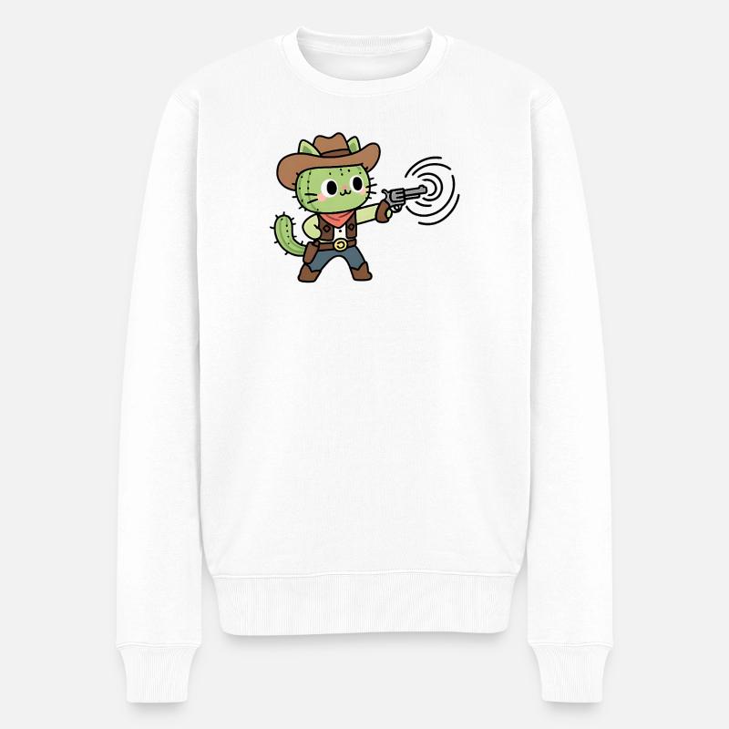 Chat Cowboy Vert avec Pistolet - Pull Premium bio Homme - blanc