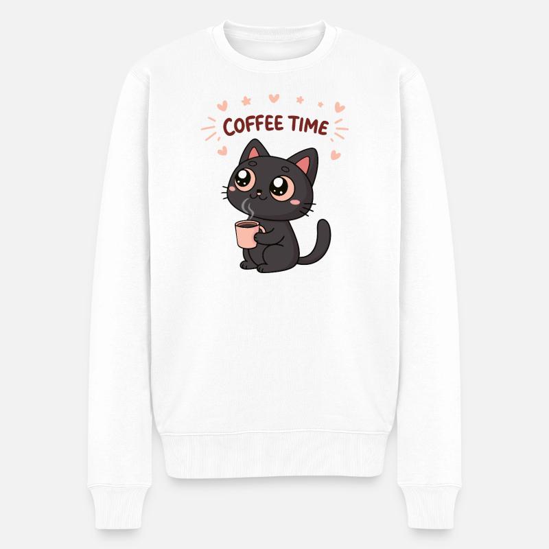 Schwarze Katze Glücklicher Kaffee - Männer Premium Bio Pullover - Weiß