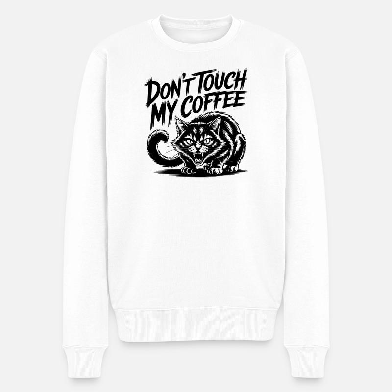Lustige fauchende Katze Kaffeeliebe Design - Männer Premium Bio Pullover - Weiß