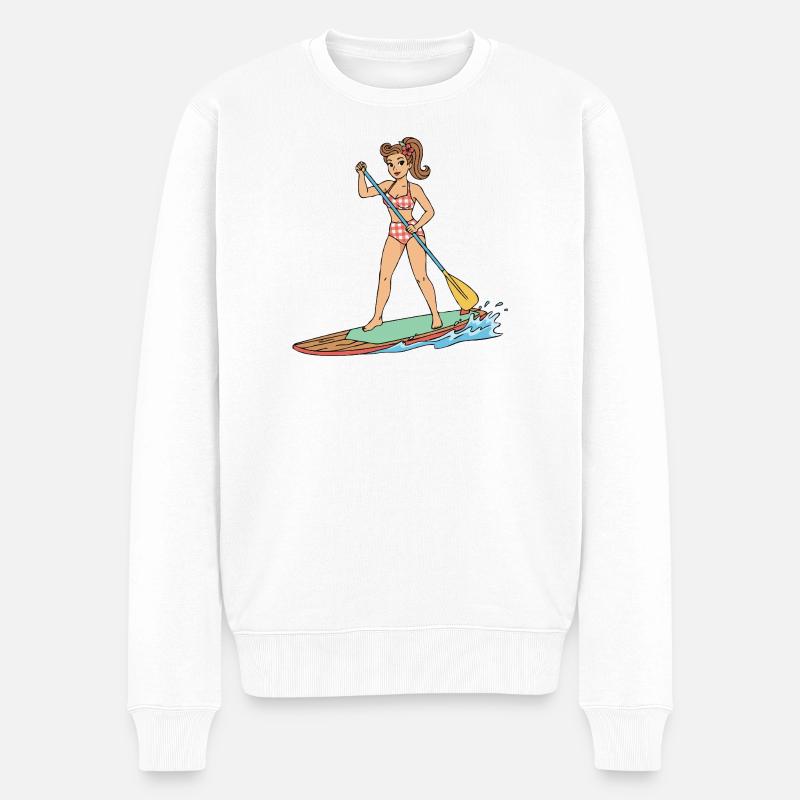 Pin-up-Girl auf Stand-Up-Paddleboard - Männer Premium Bio Pullover - Weiß
