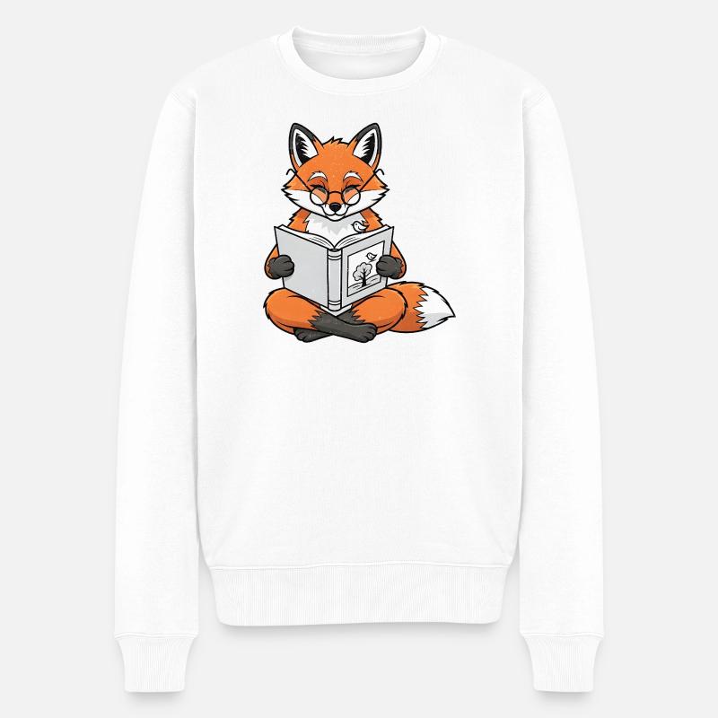Lesender Fuchs Buchmotiv - Männer Premium Bio Pullover - Weiß
