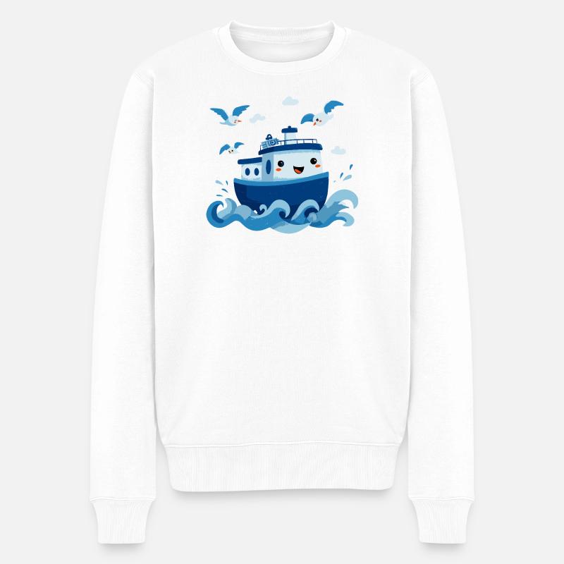 Fröhliches Blaues Boot auf See - Männer Premium Bio Pullover - Weiß